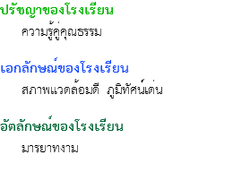 ปรัชญาของโรงเรียน ความรู้คู่คุณธรรม เอกลักษณ์ของโรงเรียน สภาพแวดล้อมดี ภูมิทัศน์เด่น อัตลักษณ์ของโรงเรียน มารยาทงาม